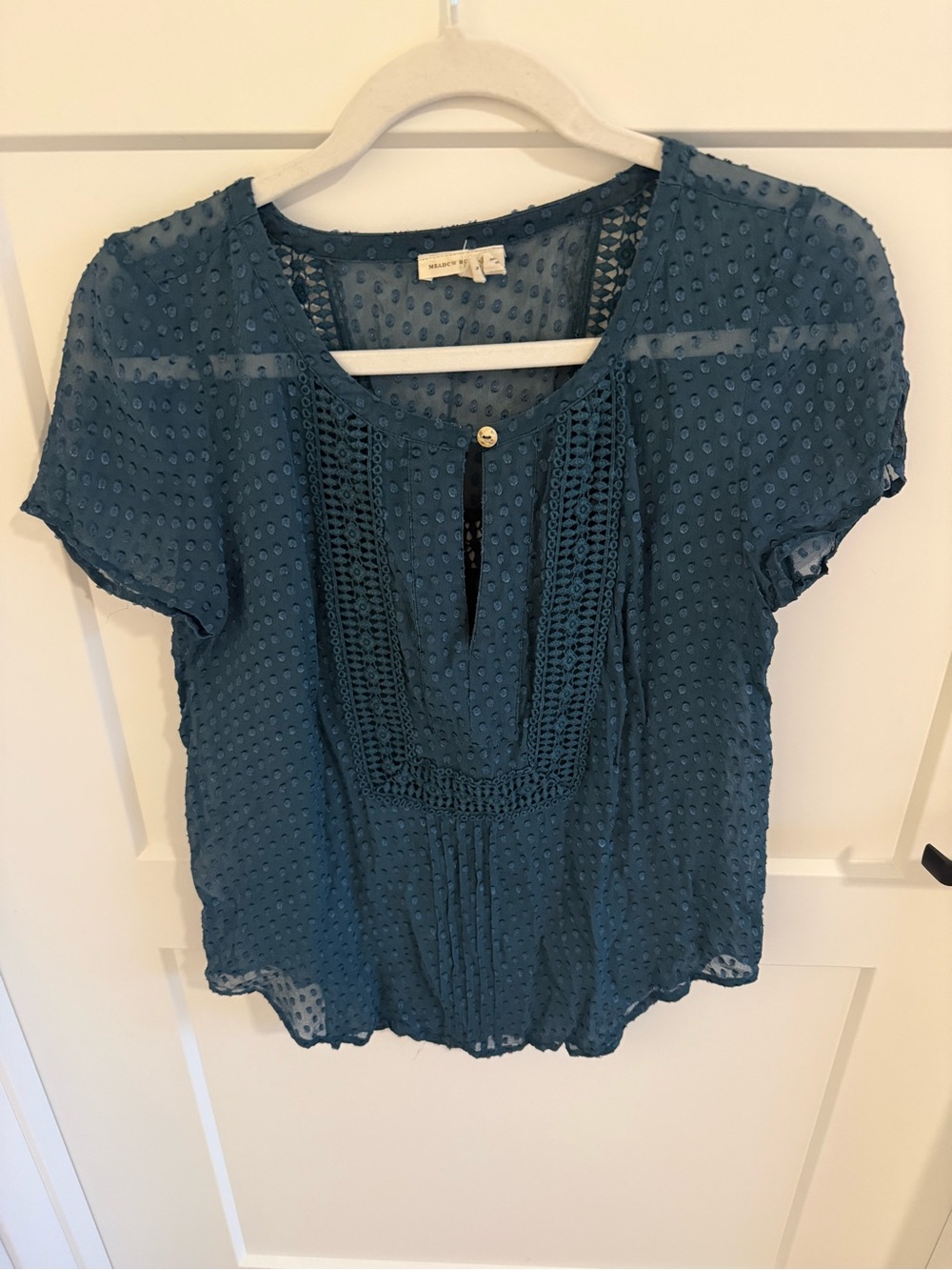 Anthropologie Meadow Rue Grassland Silk Swiss Dot Lace Blouse Teal S Boho